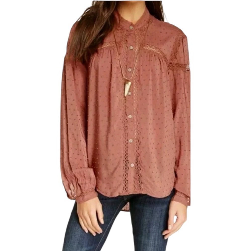 Free People Everday Girl Dusty Pink Swiss Dot Crochet Lace Button Down Blouse  L